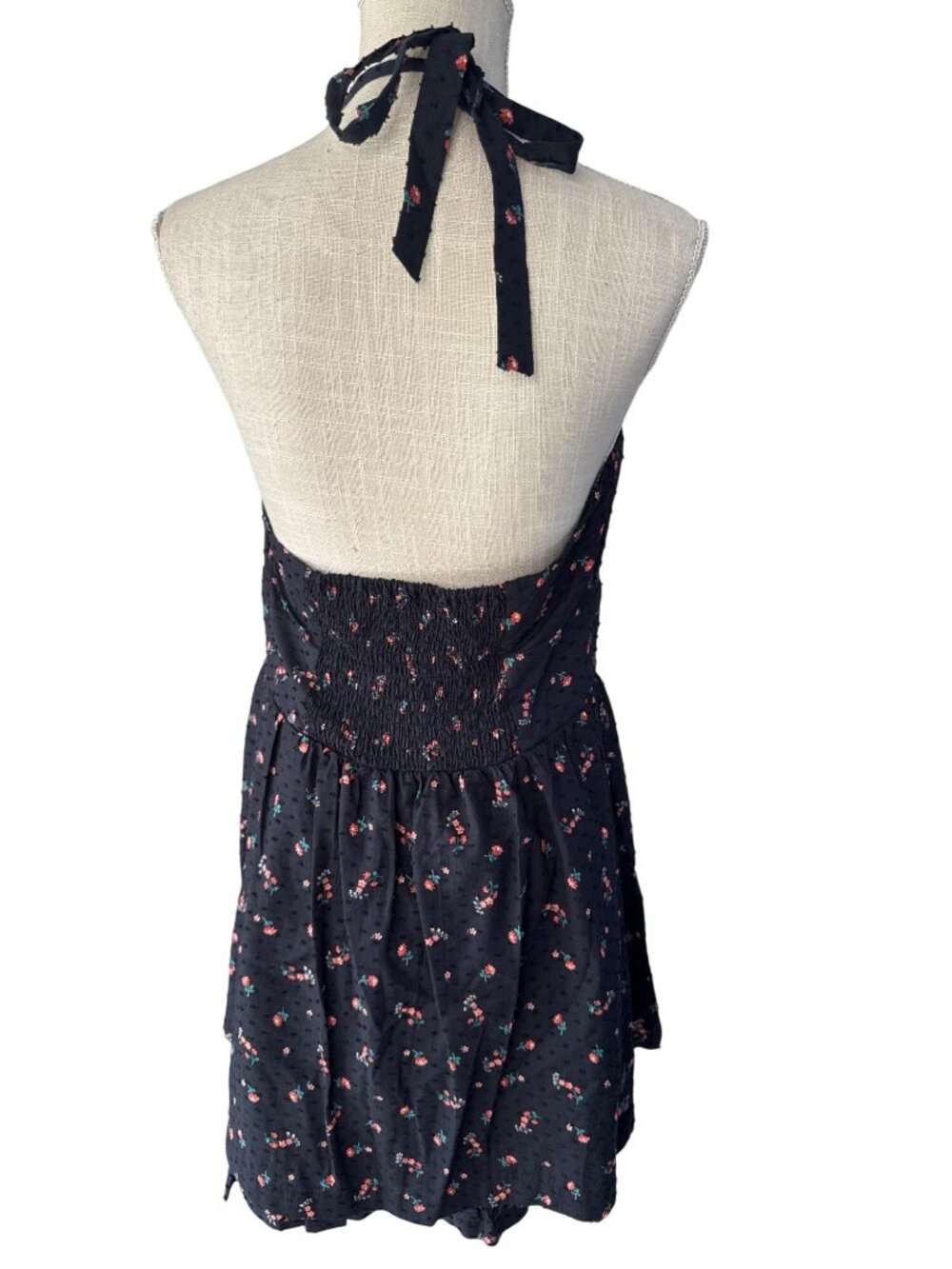 Guess Floral Halter Dress Black With Dotted Texture & Red Flowers Zip Back Size - Picture 4 of 11